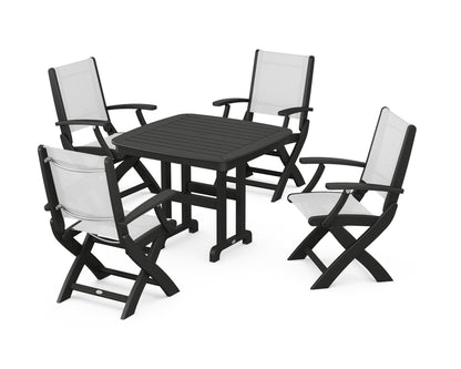 POLYWOOD® Coastal Folding Chair 5-Piece Dining Set in Black / White Sling