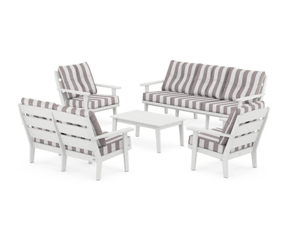POLYWOOD® Lakeside 5-Piece Lounge Sofa Set in White / Cabana Stripe Grey Mist