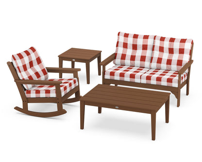 POLYWOOD® Vineyard 4-Piece Deep Seating Rocker Set in Teak / Buffalo Plaid Crimson