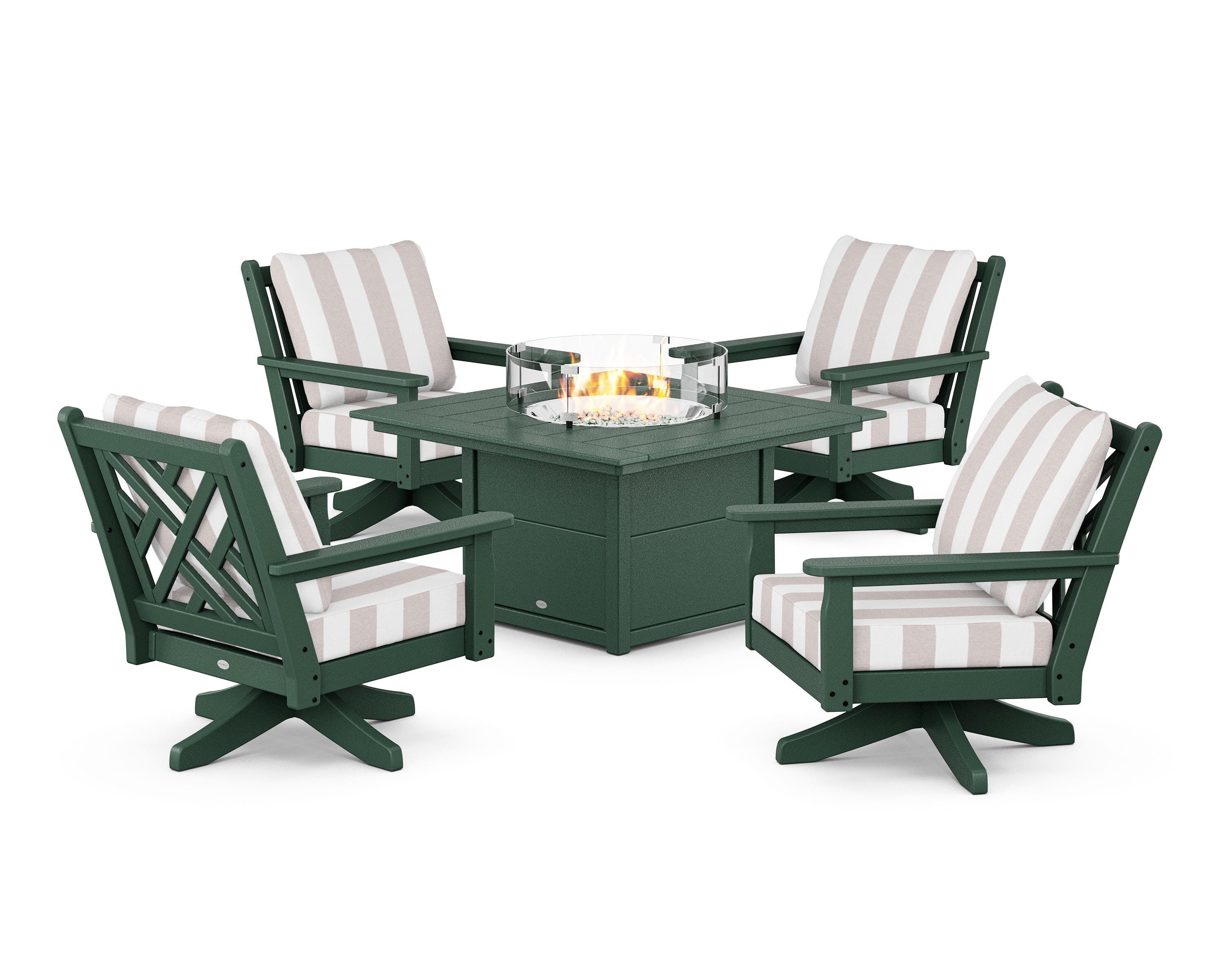 POLYWOOD® Chippendale 5-Piece Deep Seating Swivel Conversation Set with Fire Pit Table in Green / Cabana Stripe Dune Burlap