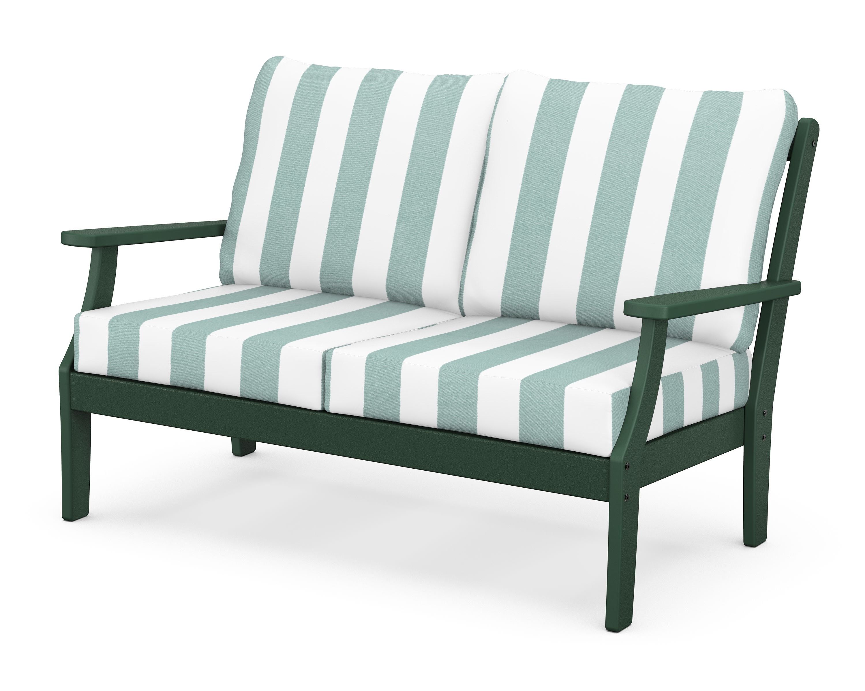 POLYWOOD® Braxton Deep Seating Loveseat in Green / Cabana Stripe Glacier Spa