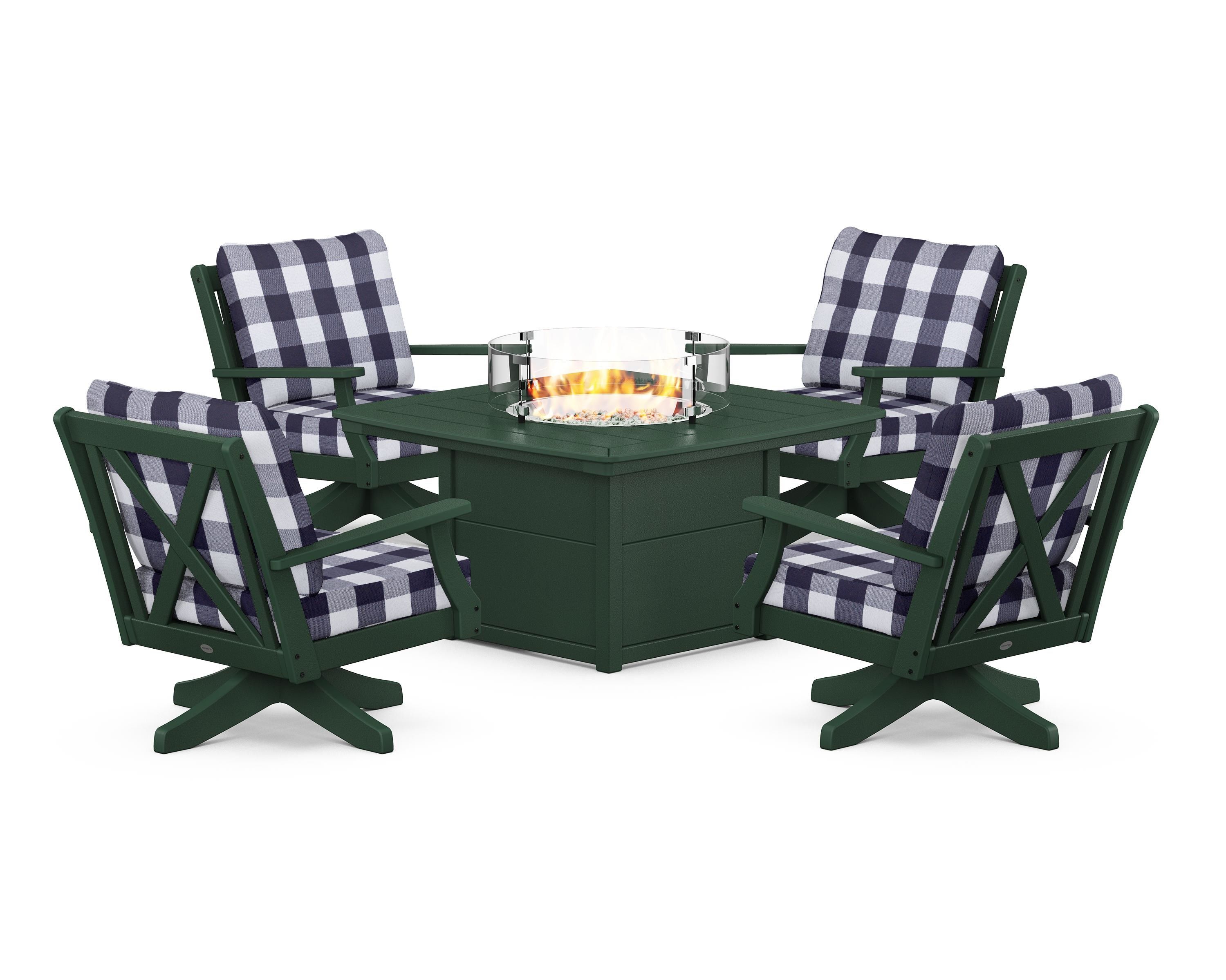 POLYWOOD® Braxton 5-Piece Deep Seating Swivel Conversation Set with Fire Pit Table in Green / Buffalo Plaid Navy