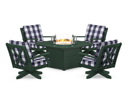 POLYWOOD® Braxton 5-Piece Deep Seating Swivel Conversation Set with Fire Pit Table in Green / Buffalo Plaid Navy