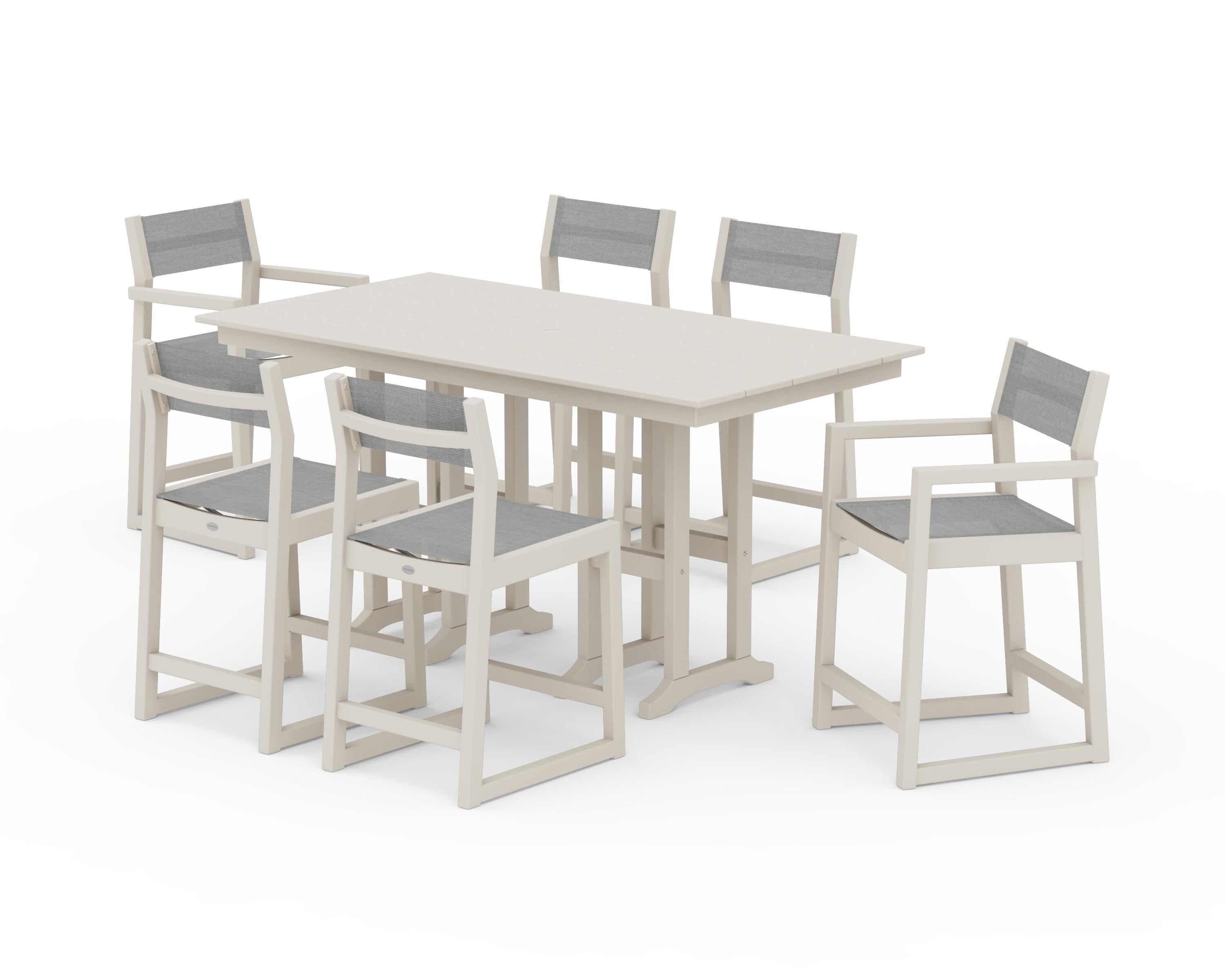 POLYWOOD® EDGE Sling 7-Piece Farmhouse Counter Set in Sand / Metallic Sling