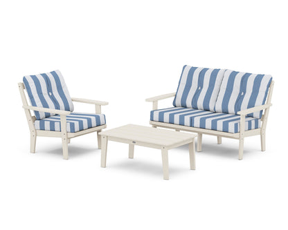 POLYWOOD® Oxford 3-Piece Deep Seating Set with Loveseat in Sand / Cabana Stripe Sky Blue