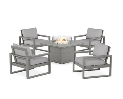 POLYWOOD® EDGE Sectional 5-Piece Deep Seating Set with Fire Pit Table in Slate Grey / Granite