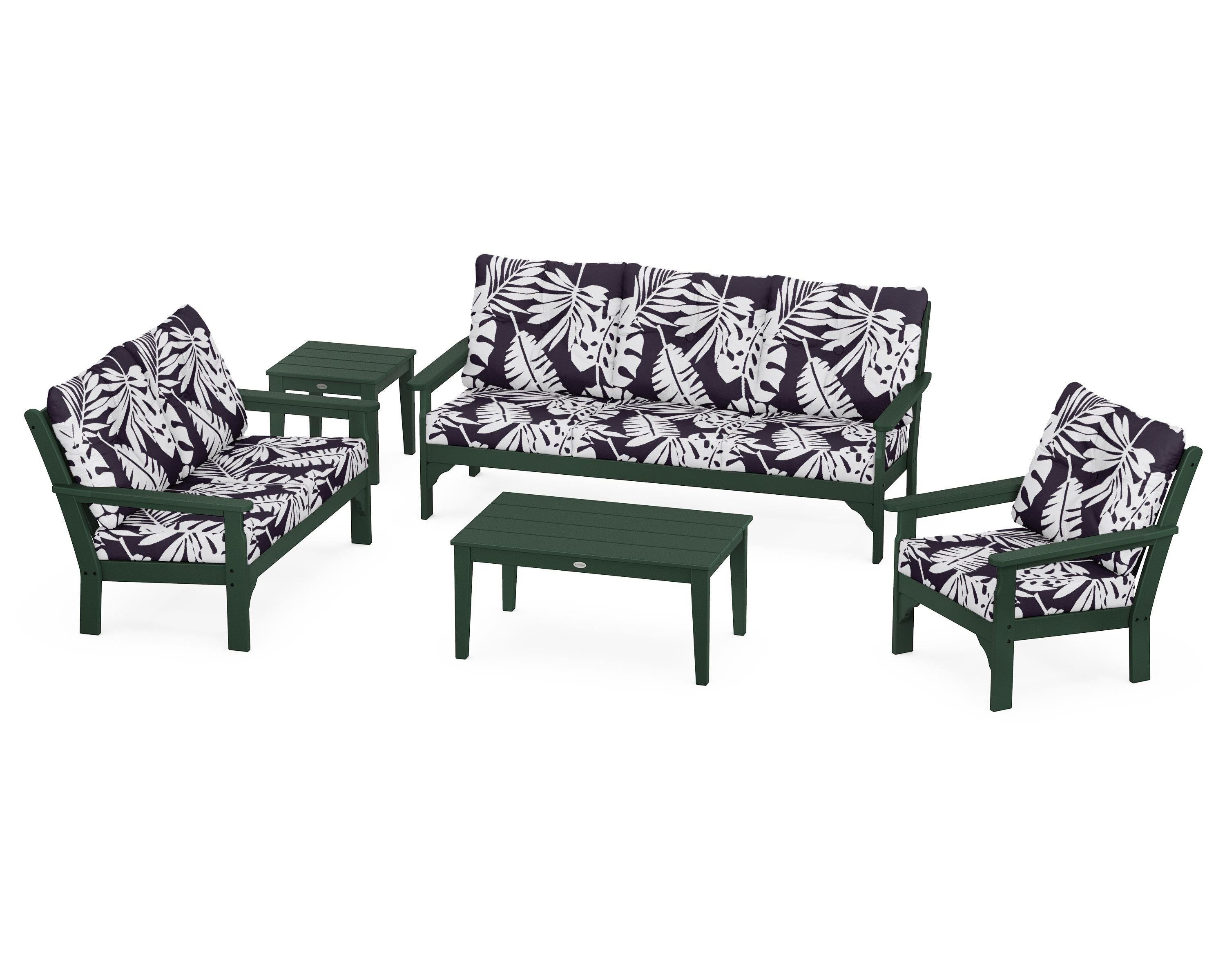POLYWOOD® Vineyard 5 Piece Deep Seating Set in Green / Leaf Navy