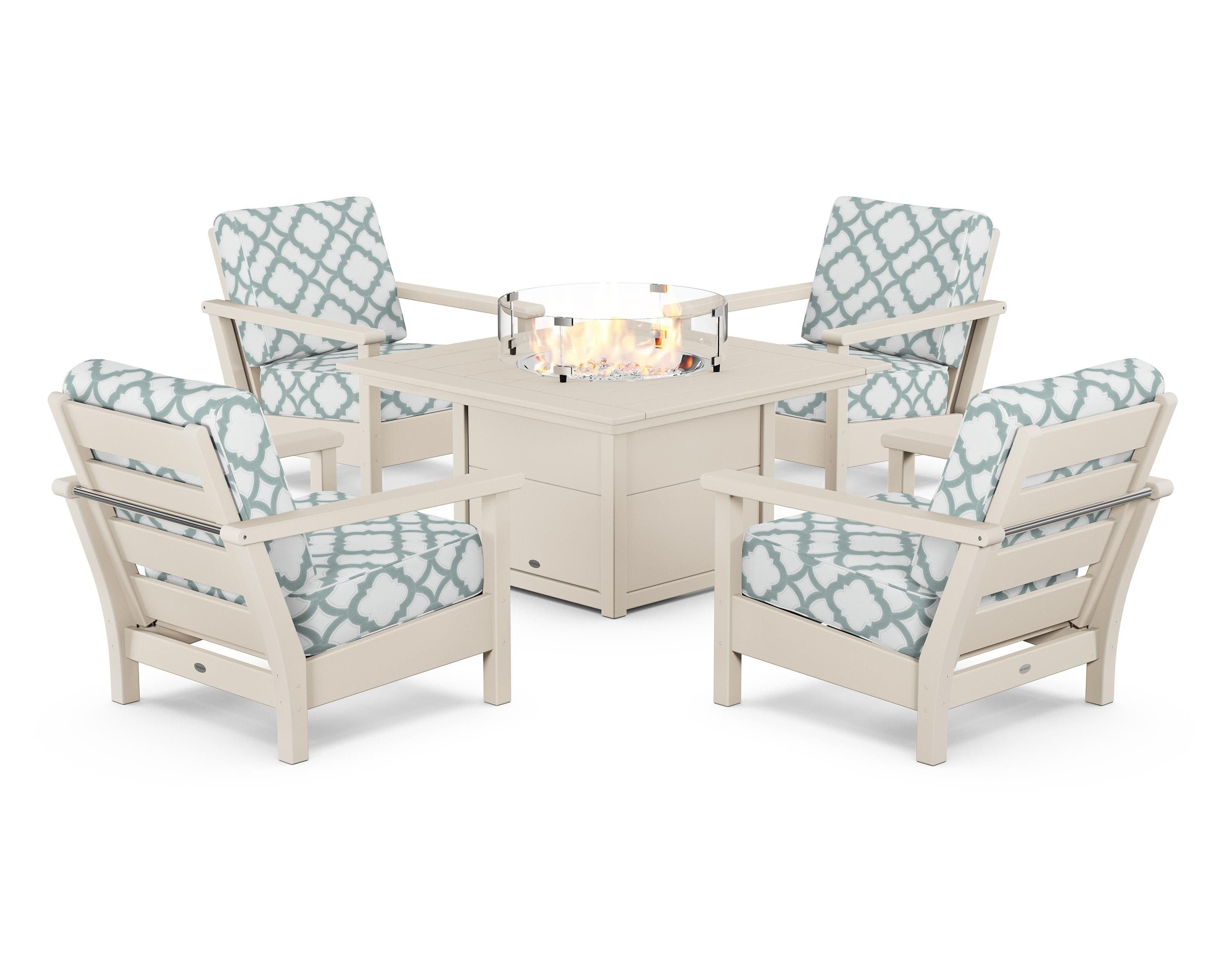 POLYWOOD® Harbour 5-Piece Conversation Set with Fire Pit Table in Sand / Trellis Glacier Spa