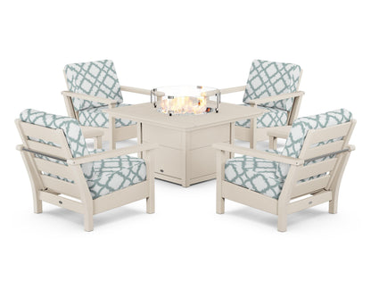 POLYWOOD® Harbour 5-Piece Conversation Set with Fire Pit Table in Sand / Trellis Glacier Spa