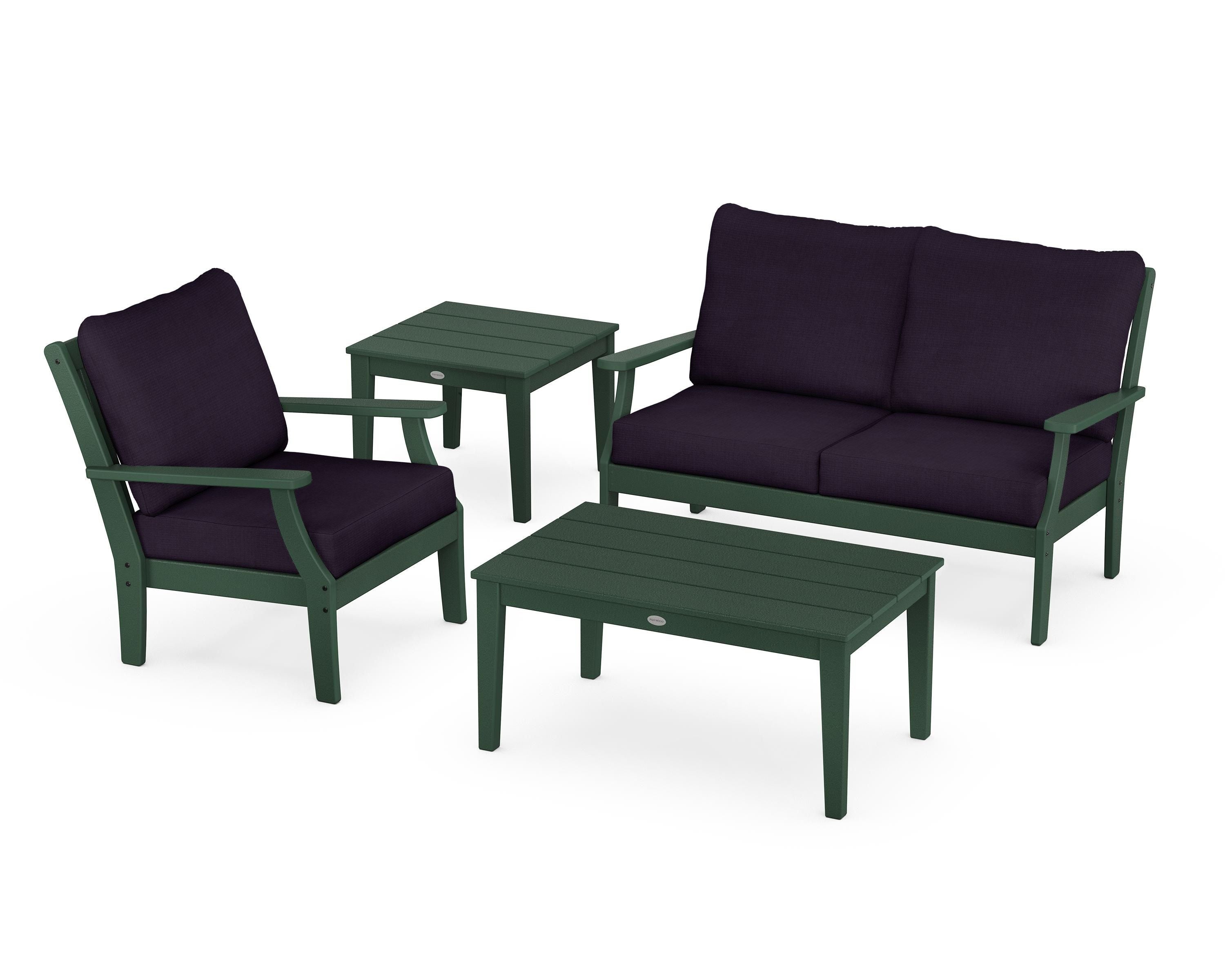 POLYWOOD® Braxton 4-Piece Deep Seating Set in Green / Navy Linen