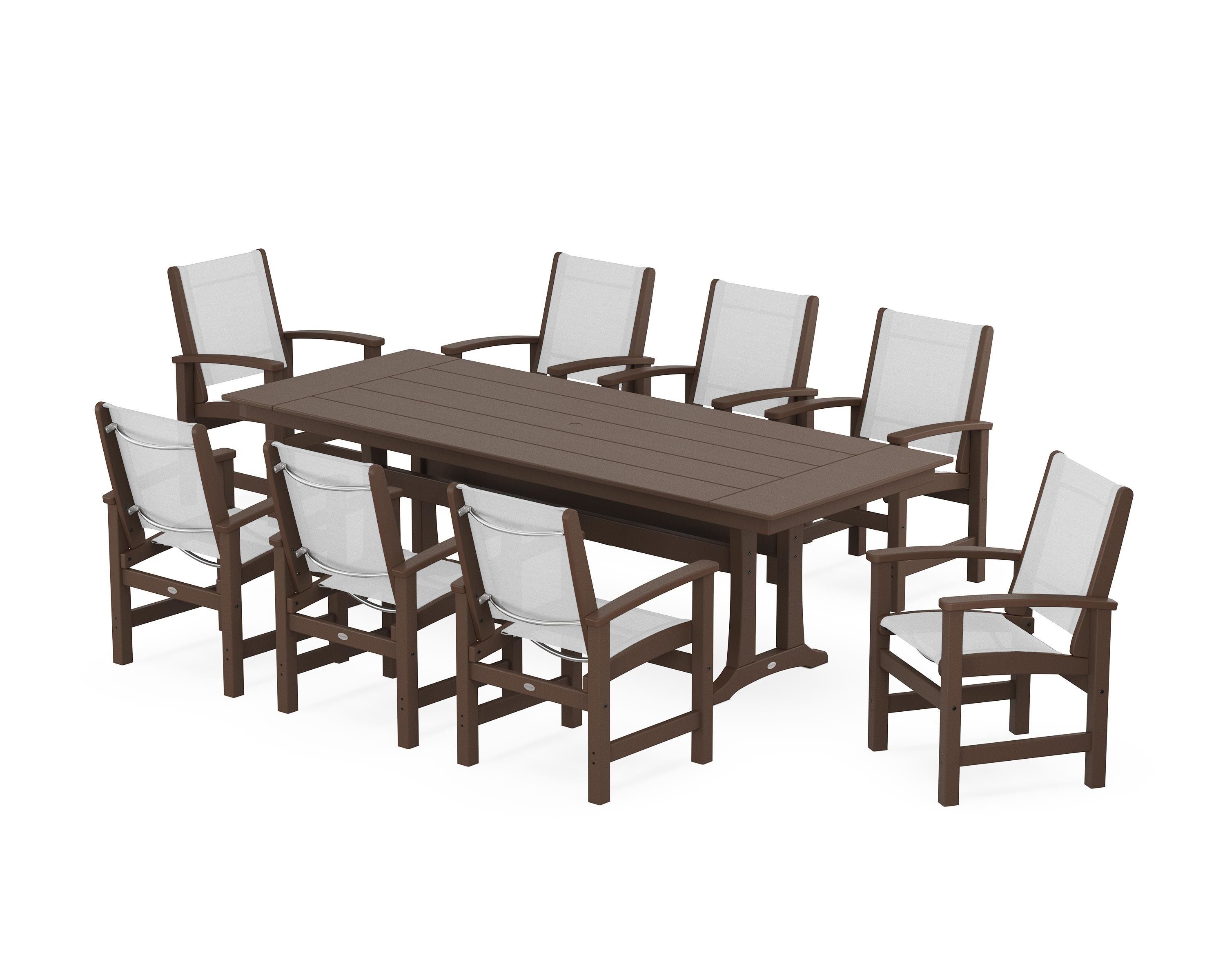 POLYWOOD® Coastal 9-Piece Farmhouse Dining Set with Trestle Legs in Mahogany / White Sling