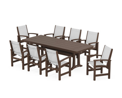POLYWOOD® Coastal 9-Piece Farmhouse Dining Set with Trestle Legs in Mahogany / White Sling