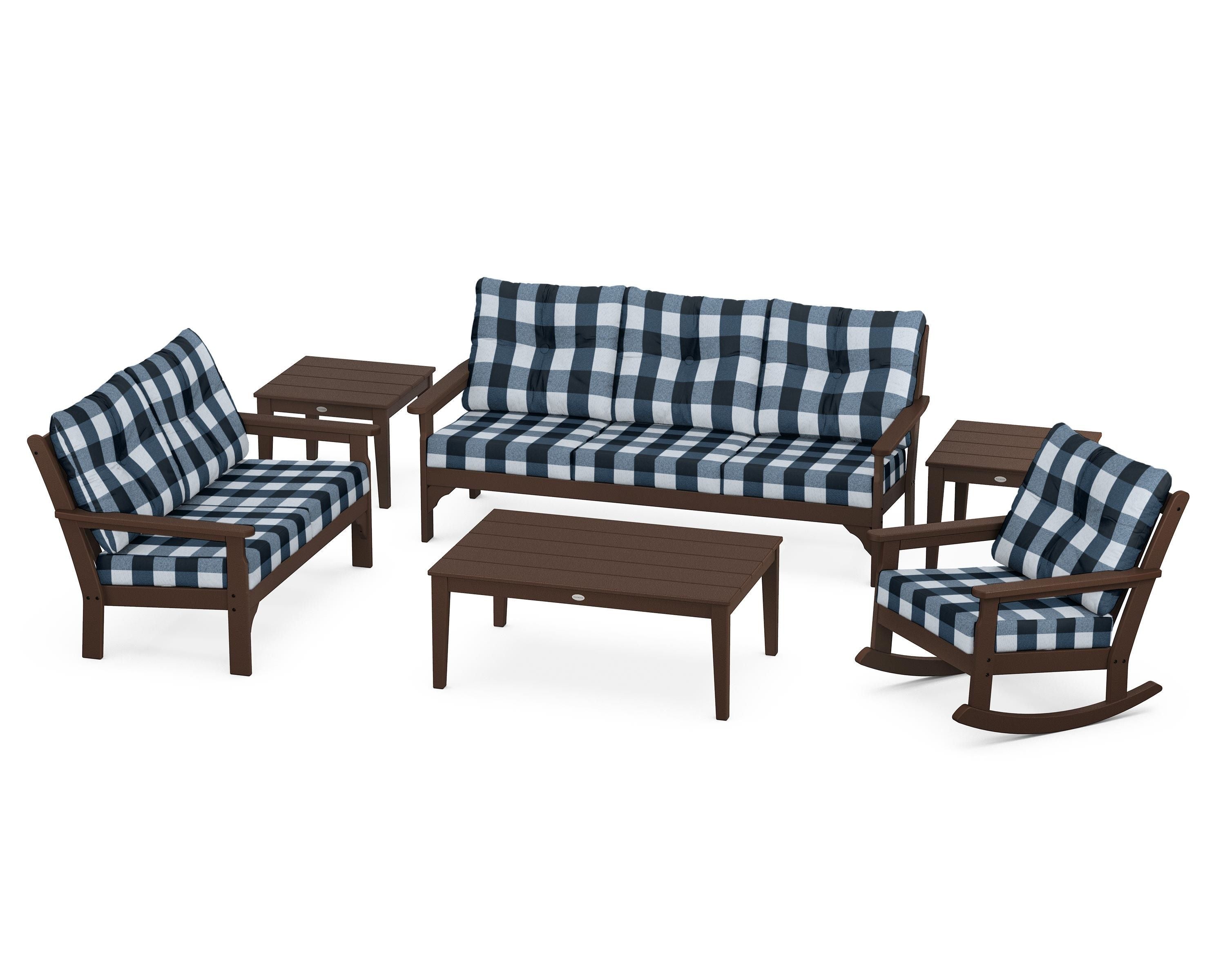 POLYWOOD® Vineyard 6-Piece Deep Seating Set in Mahogany / Buffalo Plaid Marine Indigo