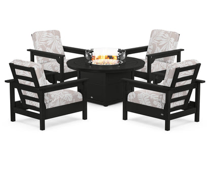POLYWOOD® Club 5-Piece Conversation Set with Fire Pit Table in Black / Leaf Dune Burlap