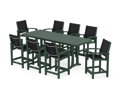 POLYWOOD® Coastal 9-Piece Farmhouse Counter Set with Trestle Legs in Green / Black Sling