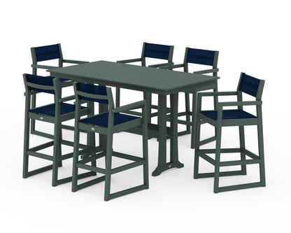 POLYWOOD® EDGE Sling Arm Chair 7-Piece Farmhouse Bar Set with Trestle Legs in Green / Navy Blue Sling