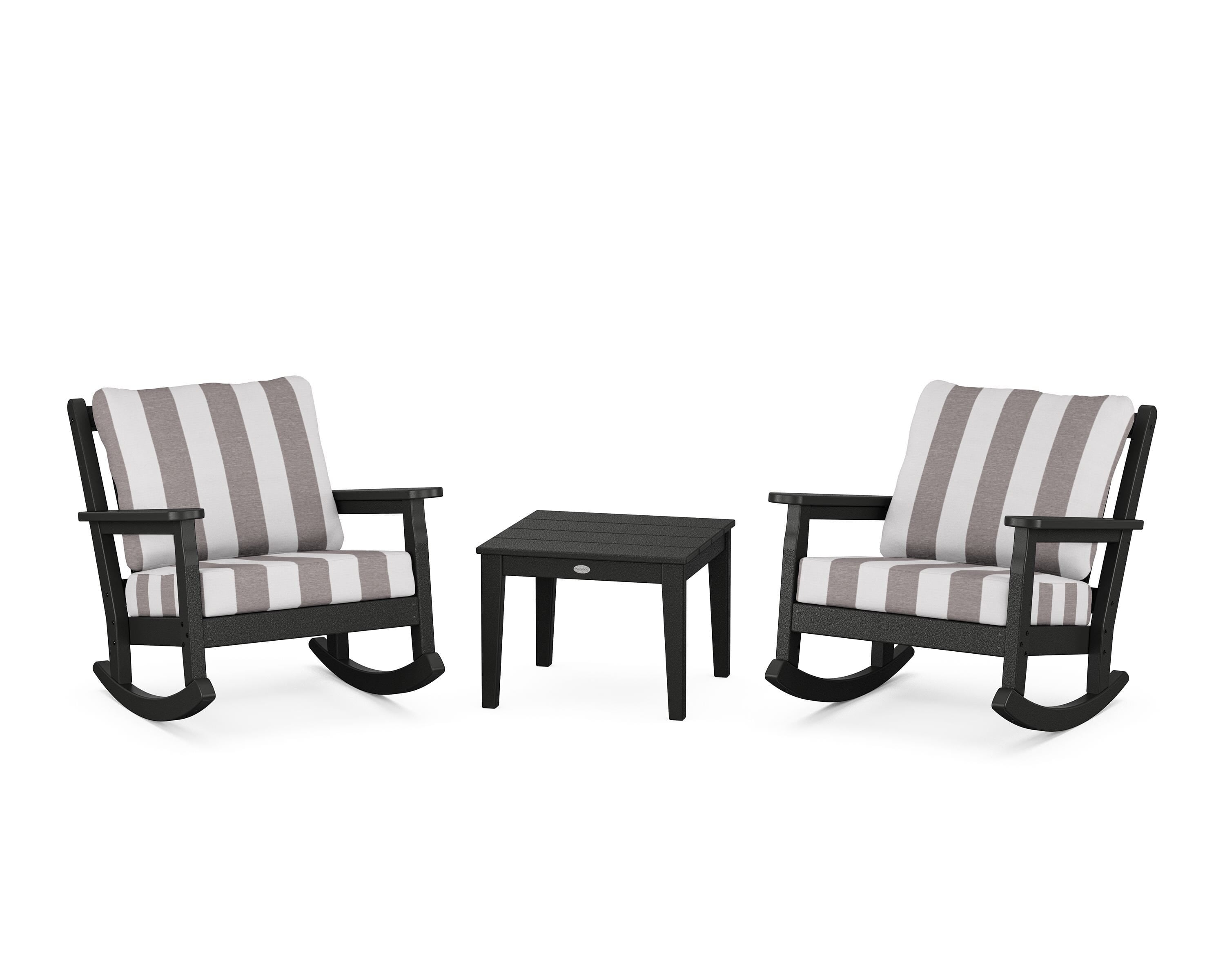 POLYWOOD® Chippendale 3-Piece Deep Seating Rocker Set in Black / Cabana Stripe Grey Mist