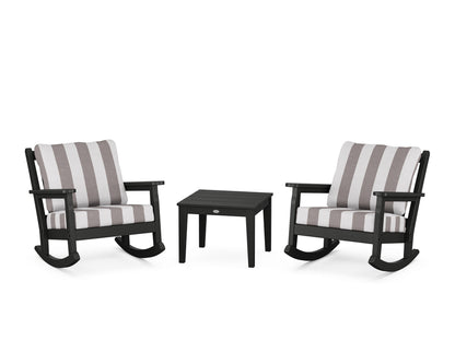 POLYWOOD® Chippendale 3-Piece Deep Seating Rocker Set in Black / Cabana Stripe Grey Mist
