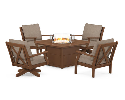 POLYWOOD® Braxton 5-Piece Deep Seating Set with Fire Table in Teak / Spiced Burlap
