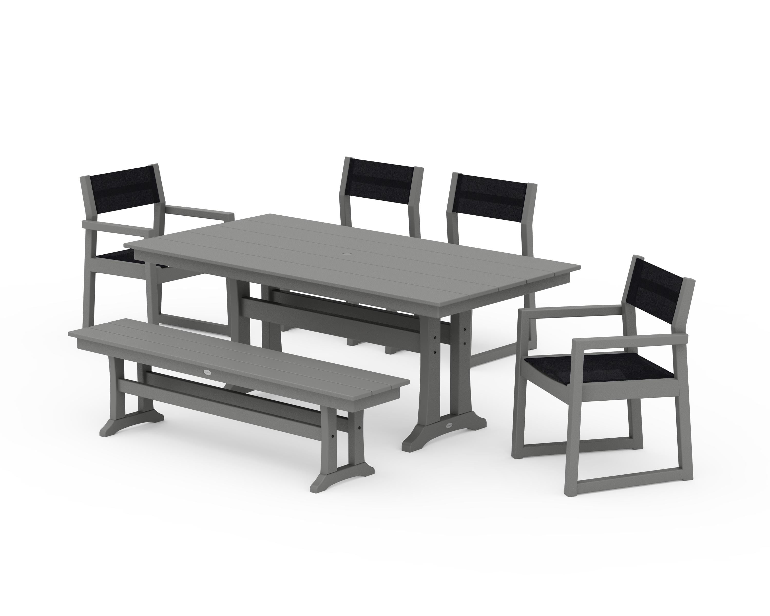 POLYWOOD® EDGE Sling 6-Piece Farmhouse Dining Set With Trestle Legs in Slate Grey / Black Sling