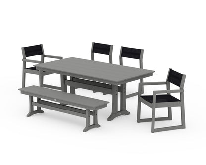 POLYWOOD® EDGE Sling 6-Piece Farmhouse Dining Set With Trestle Legs in Slate Grey / Black Sling
