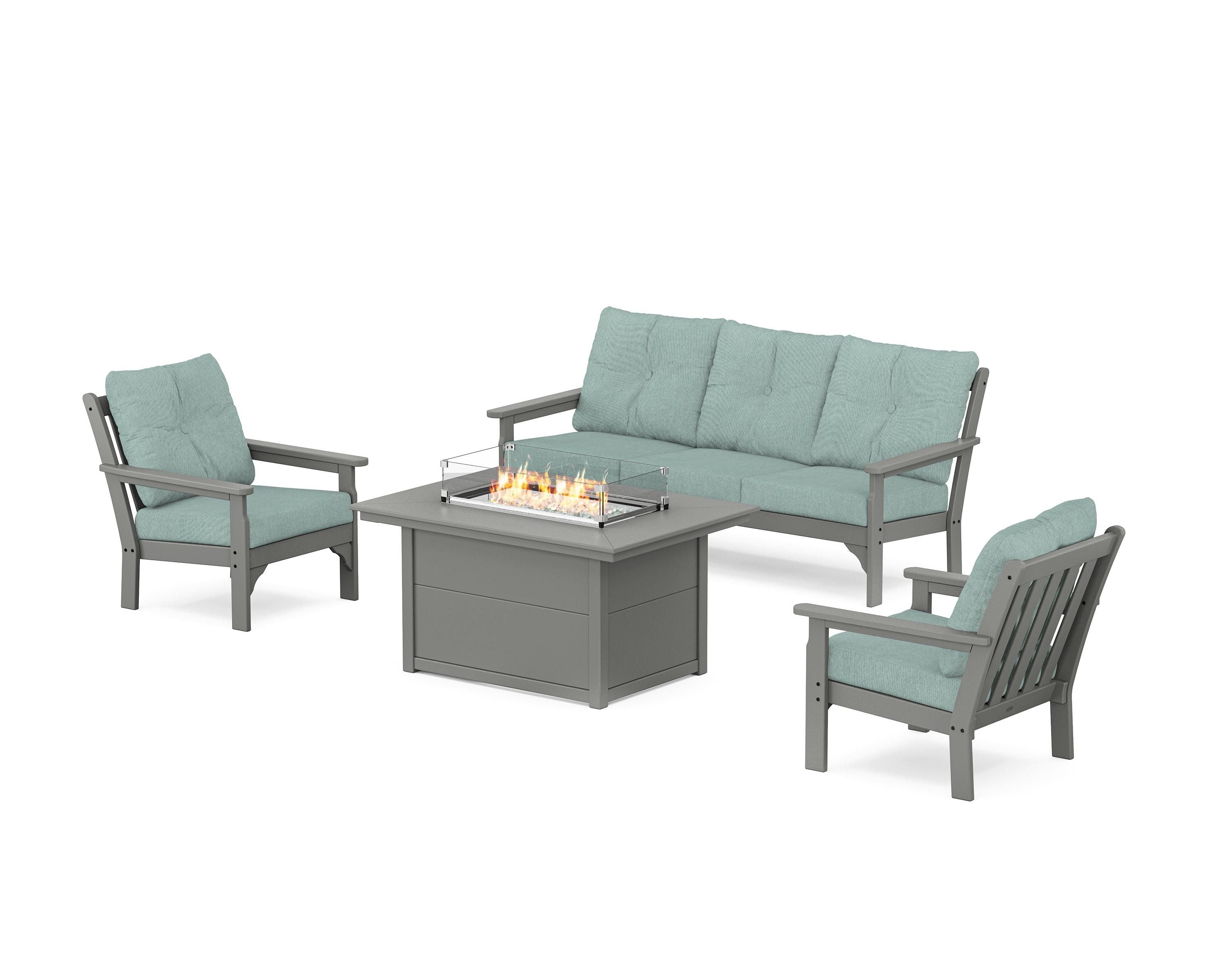 POLYWOOD® Vineyard Deep Seating Fire Pit Table Set in Slate Grey / Glacier Spa