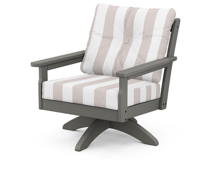 POLYWOOD® Vineyard Deep Seating Swivel Chair in Slate Grey / Cabana Stripe Dune Burlap