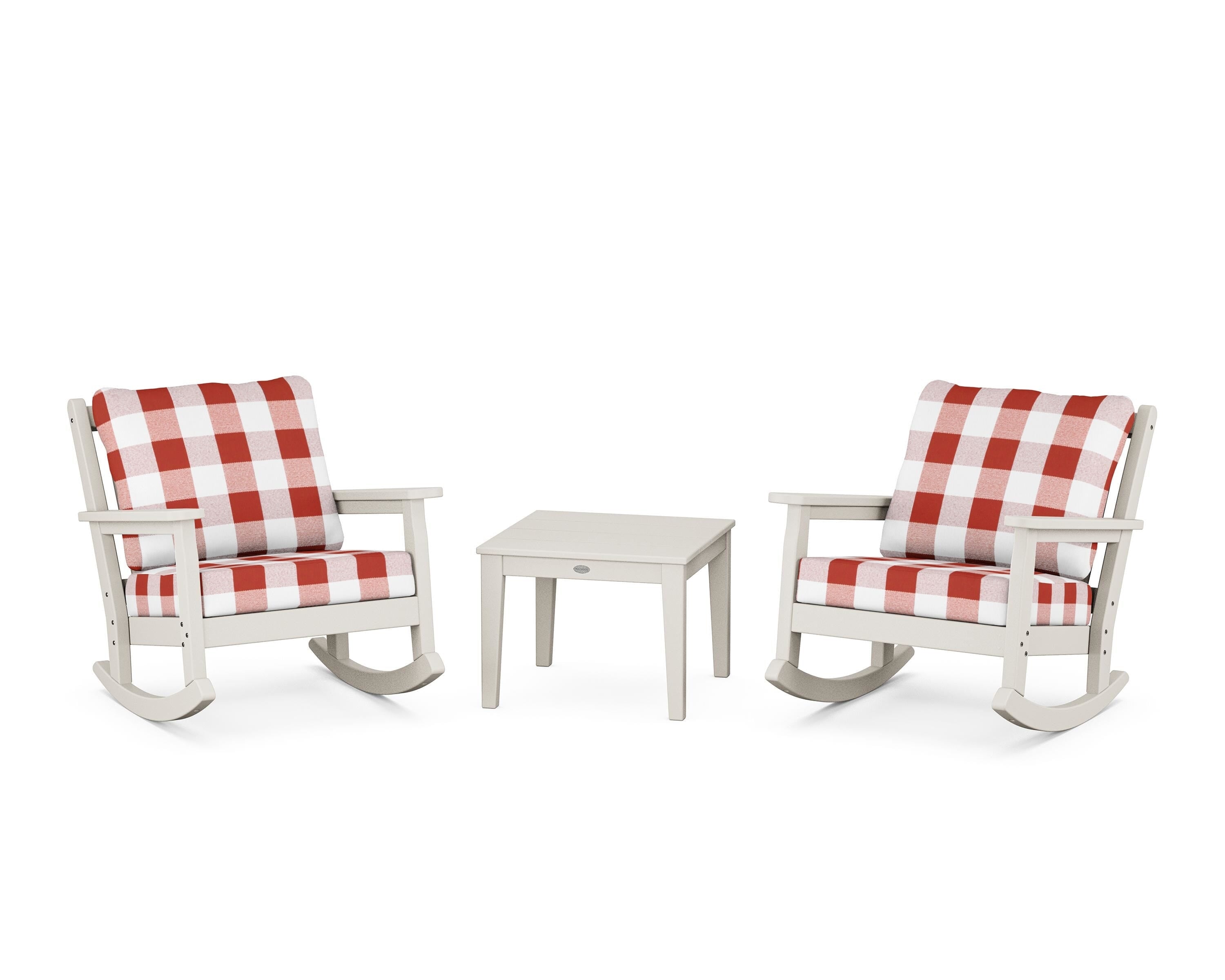POLYWOOD® Chippendale 3-Piece Deep Seating Rocker Set in Sand / Buffalo Plaid Crimson