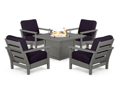 POLYWOOD® Harbour 5-Piece Conversation Set with Fire Pit Table in Slate Grey / Navy Linen
