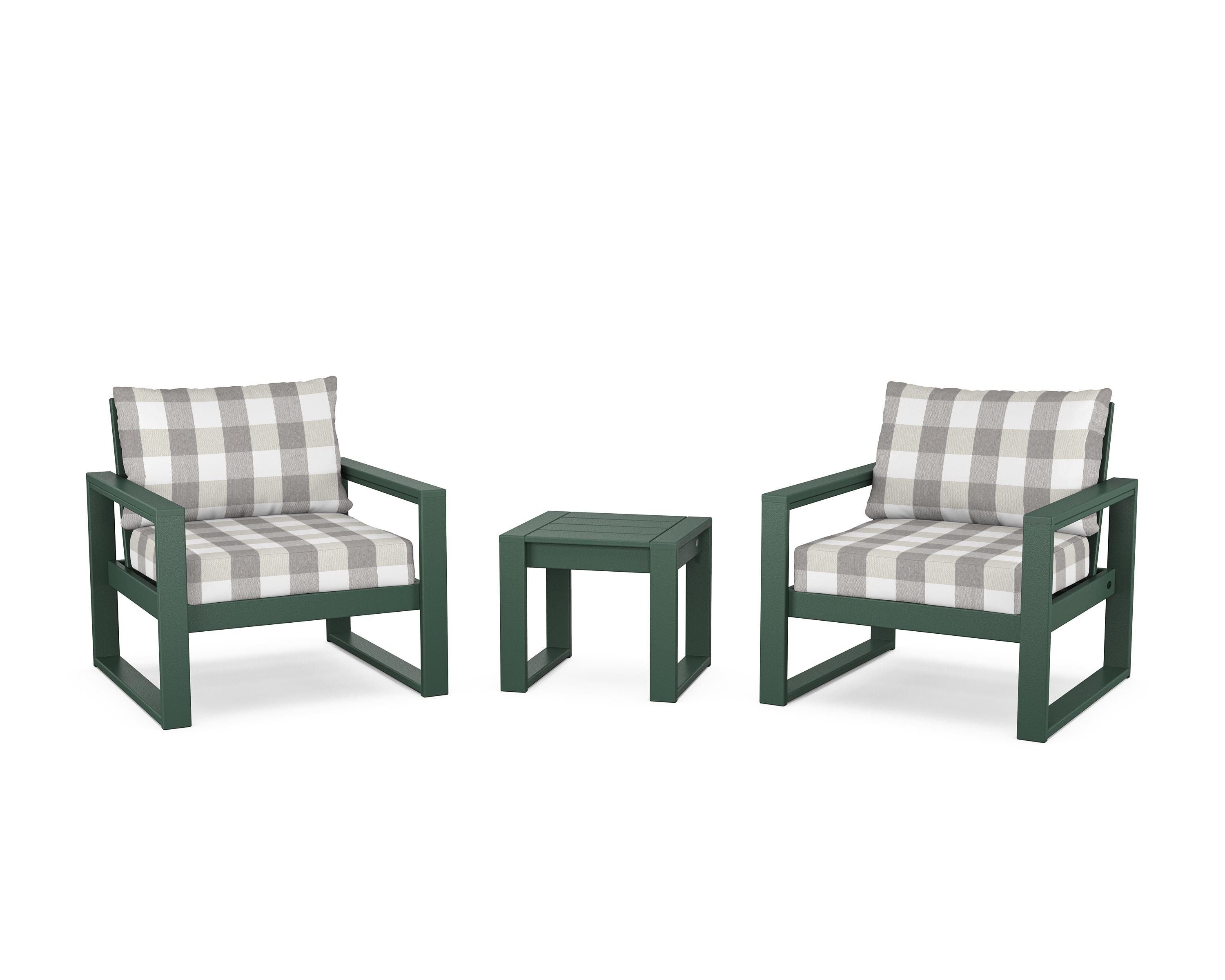 POLYWOOD® EDGE Sectional 3-Piece Deep Seating Set in Green / Buffalo Plaid Grey Mist