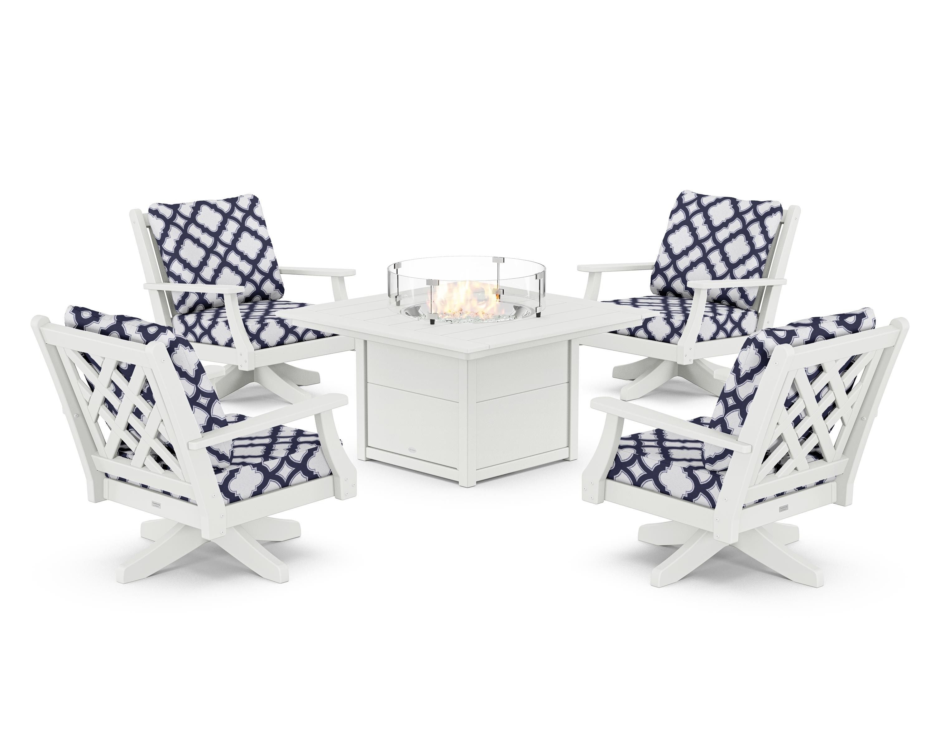 Country Living Wovendale 5-Piece Deep Seating Swivel Conversation Set with Fire Pit Table in White / Trellis Navy