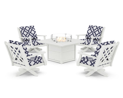 Country Living Wovendale 5-Piece Deep Seating Swivel Conversation Set with Fire Pit Table in White / Trellis Navy