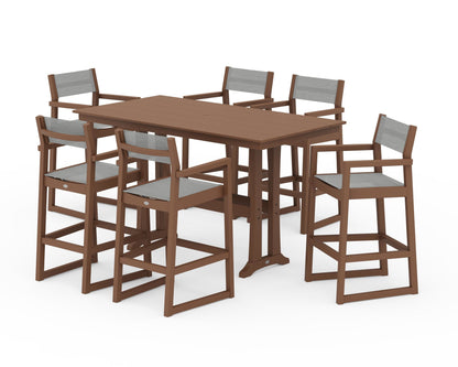 POLYWOOD® EDGE Sling Arm Chair 7-Piece Farmhouse Bar Set with Trestle Legs in Teak / Metallic Sling