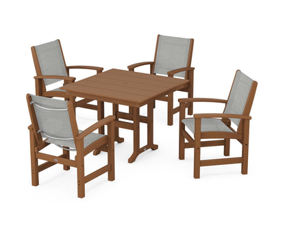 POLYWOOD® Coastal 5-Piece Farmhouse Dining Set in Teak / Metallic Sling