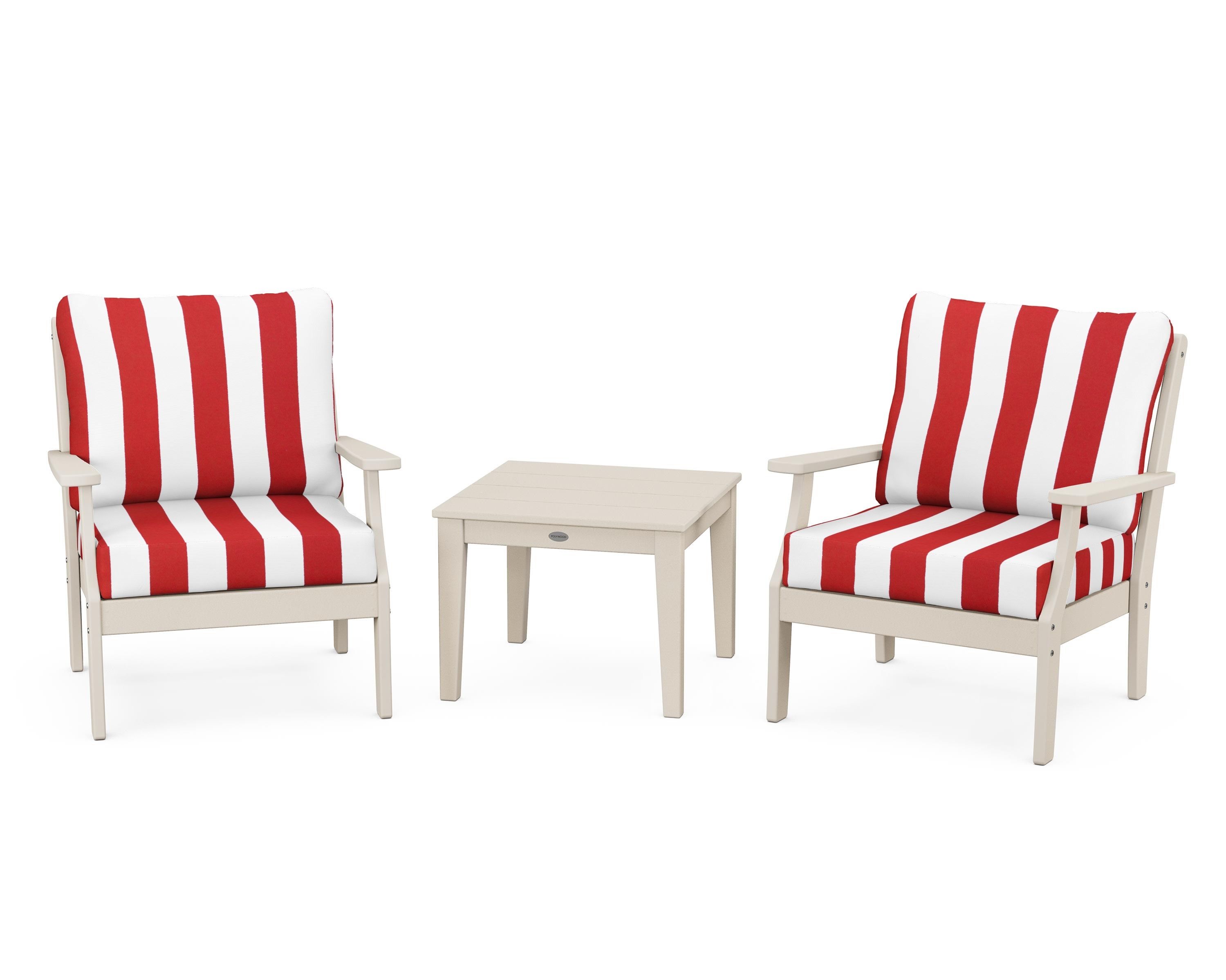 POLYWOOD® Braxton 3-Piece Deep Seating Set in Sand / Cabana Stripe Crimson