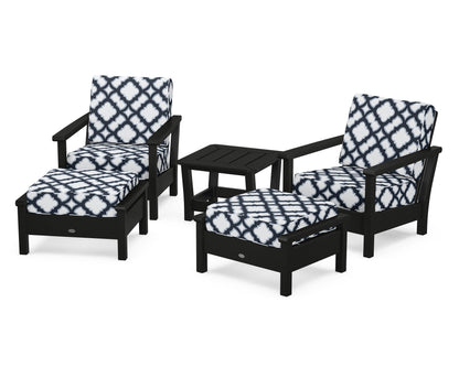 POLYWOOD® Harbour 5-Piece Deep Seating Chair Set in Black / Trellis Marine Indigo