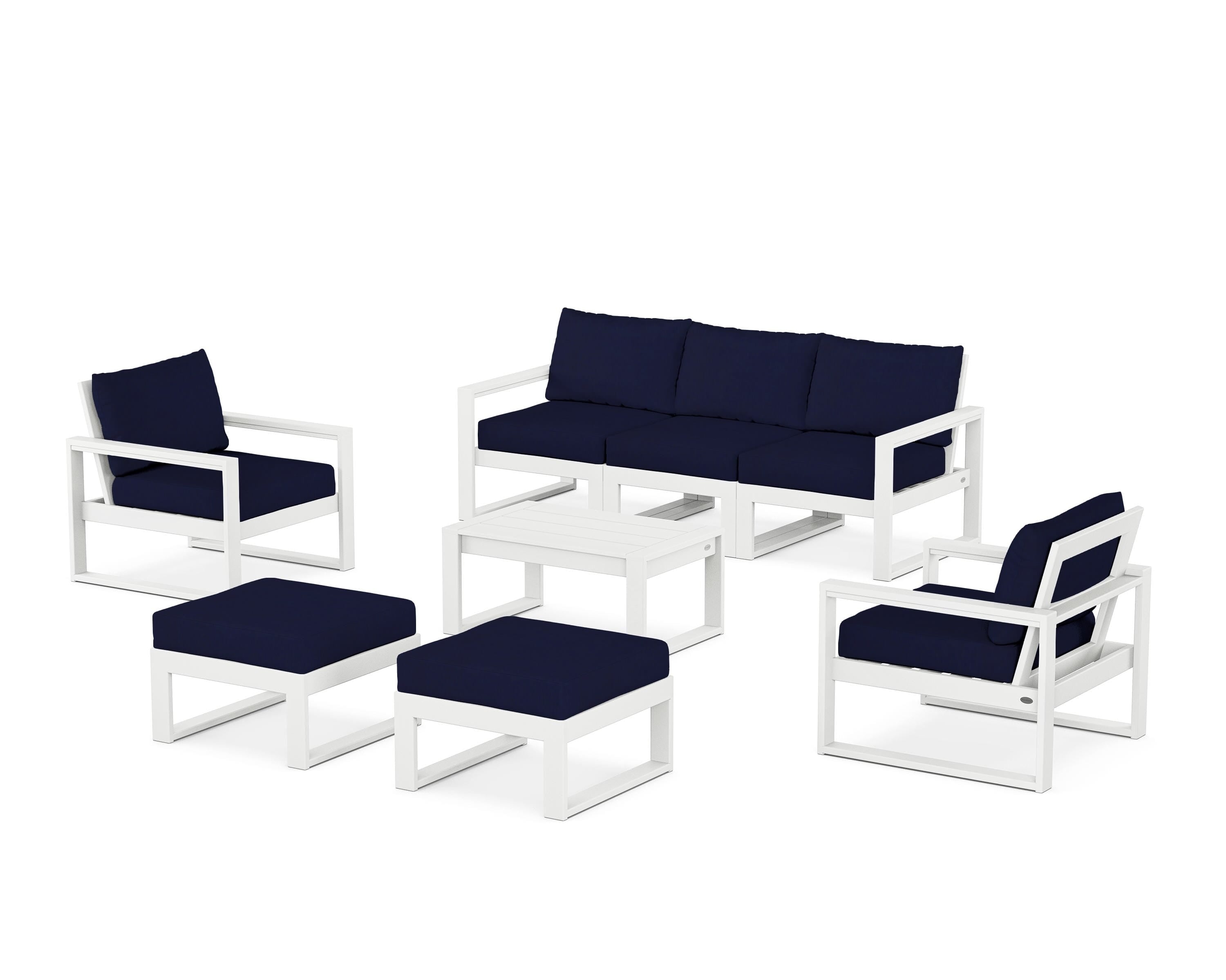 POLYWOOD® EDGE Sectional 8-Piece Lounge Sofa Set in White / Navy