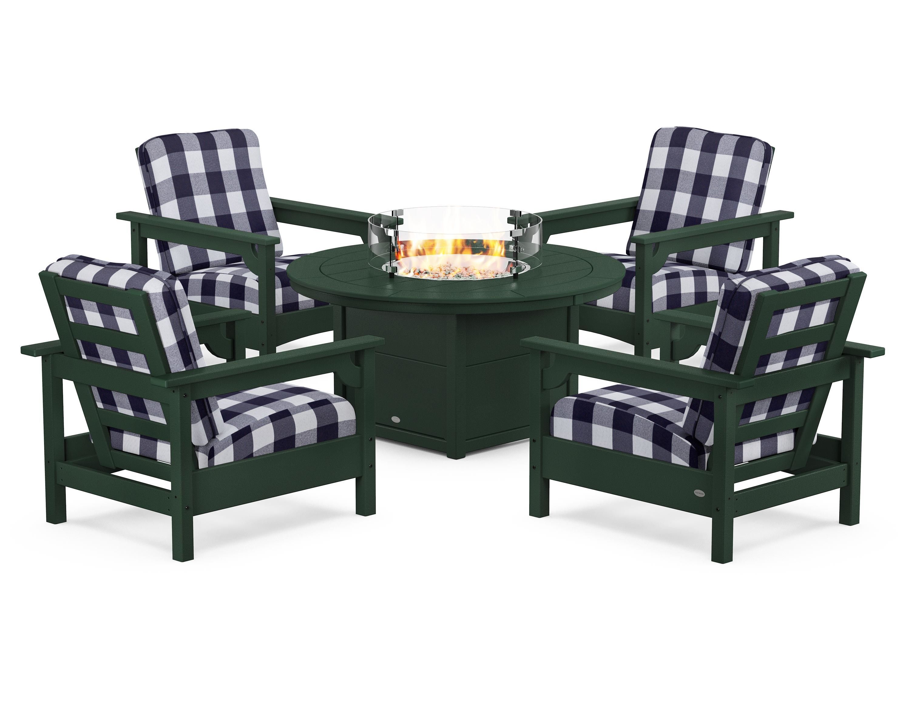 POLYWOOD® Club 5-Piece Conversation Set with Fire Pit Table in Green / Buffalo Plaid Navy