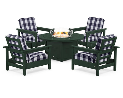 POLYWOOD® Club 5-Piece Conversation Set with Fire Pit Table in Green / Buffalo Plaid Navy