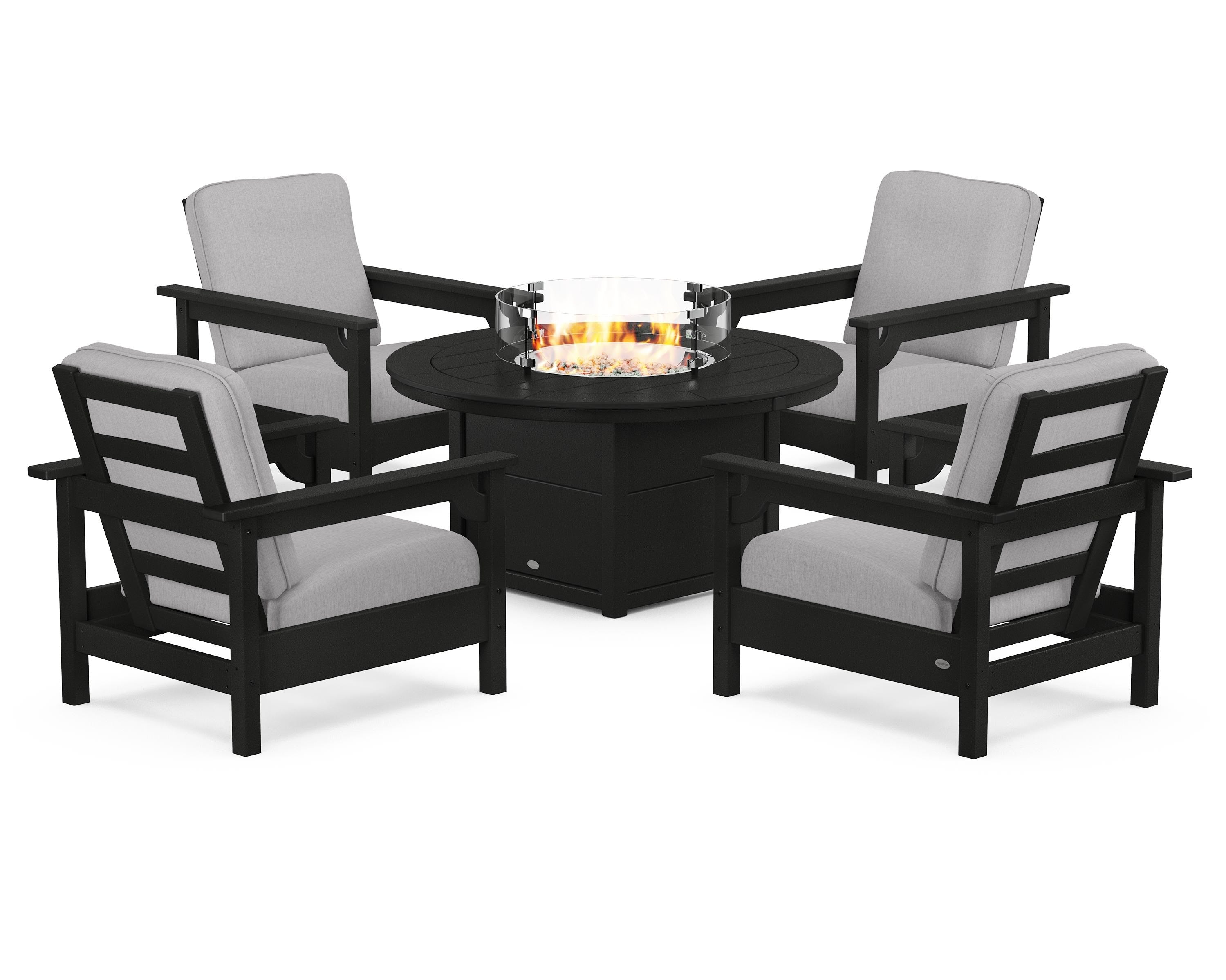 POLYWOOD® Club 5-Piece Conversation Set with Fire Pit Table in Black / Granite