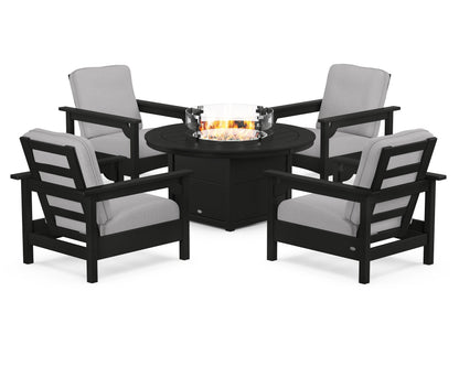 POLYWOOD® Club 5-Piece Conversation Set with Fire Pit Table in Black / Granite