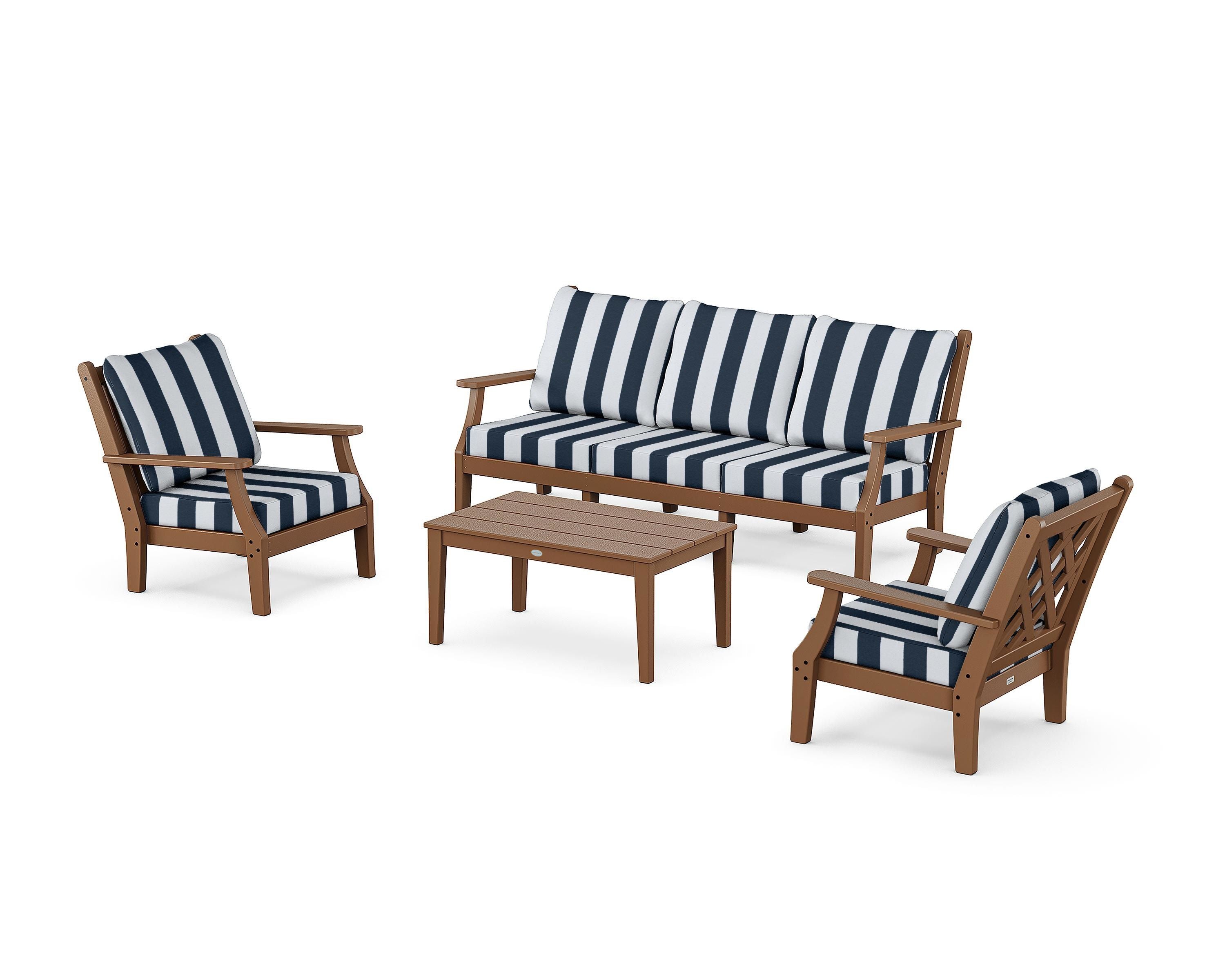 Country Living Wovendale 4-Piece Deep Seating Set with Sofa in Teak / Cabana Stripe Marine Indigo
