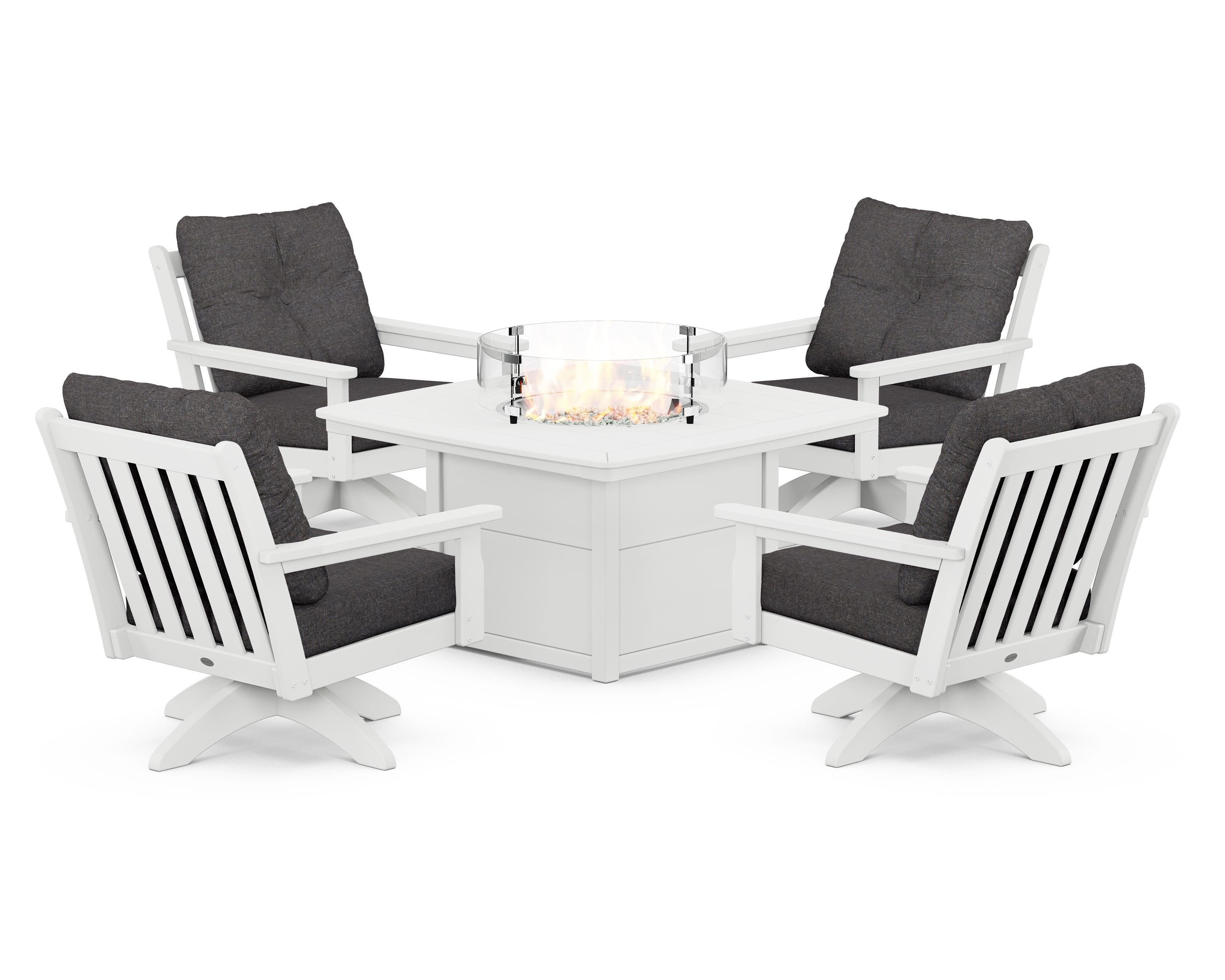 POLYWOOD® Vineyard 5-Piece Deep Seating Swivel Conversation Set with Fire Pit Table in White / Ash Charcoal