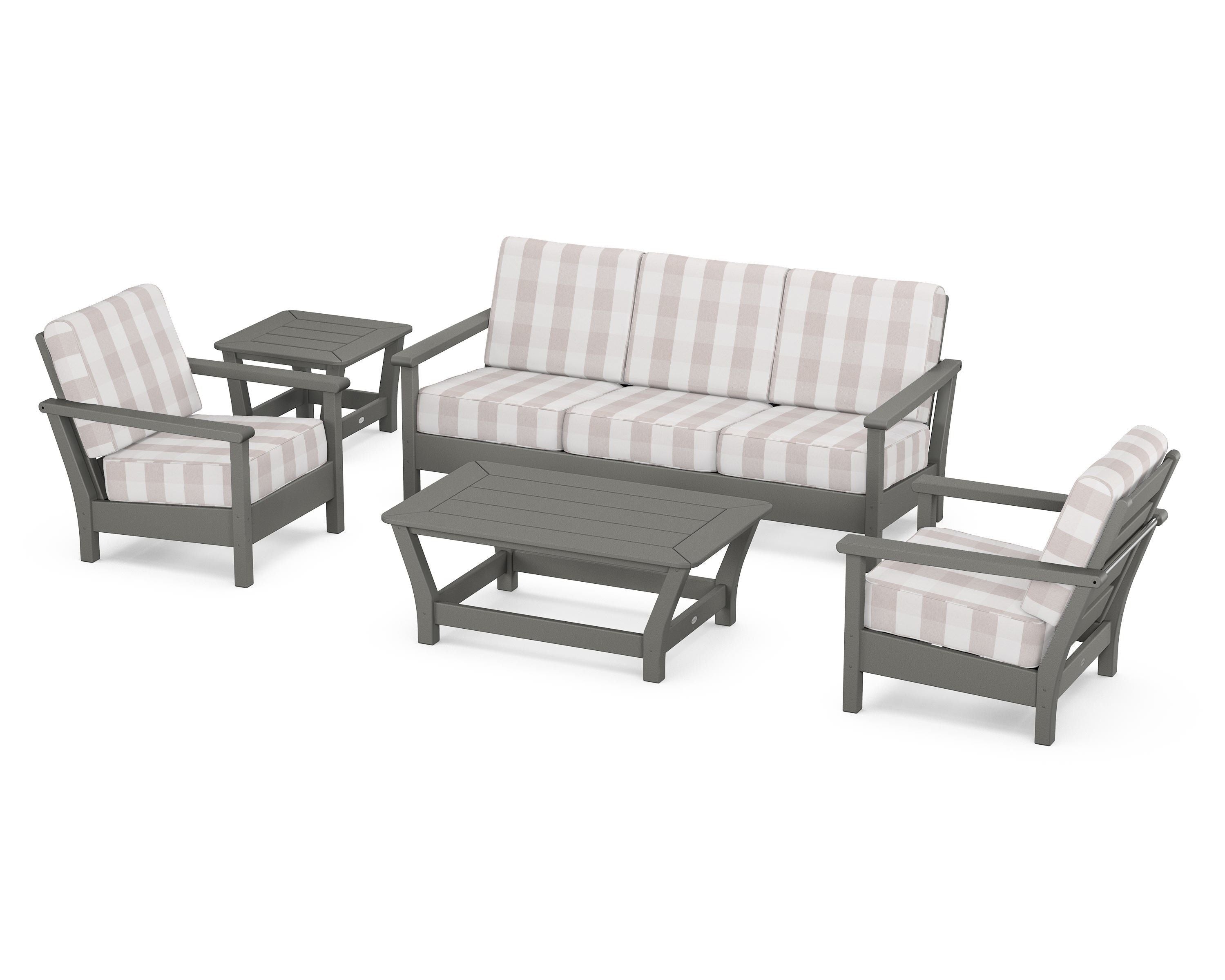 POLYWOOD® Harbour 5-Piece Deep Seating Set in Slate Grey / Buffalo Plaid Dune Burlap