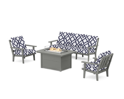 POLYWOOD® Oxford Deep Seating Fire Pit Table Set in Slate Grey / Trellis Navy
