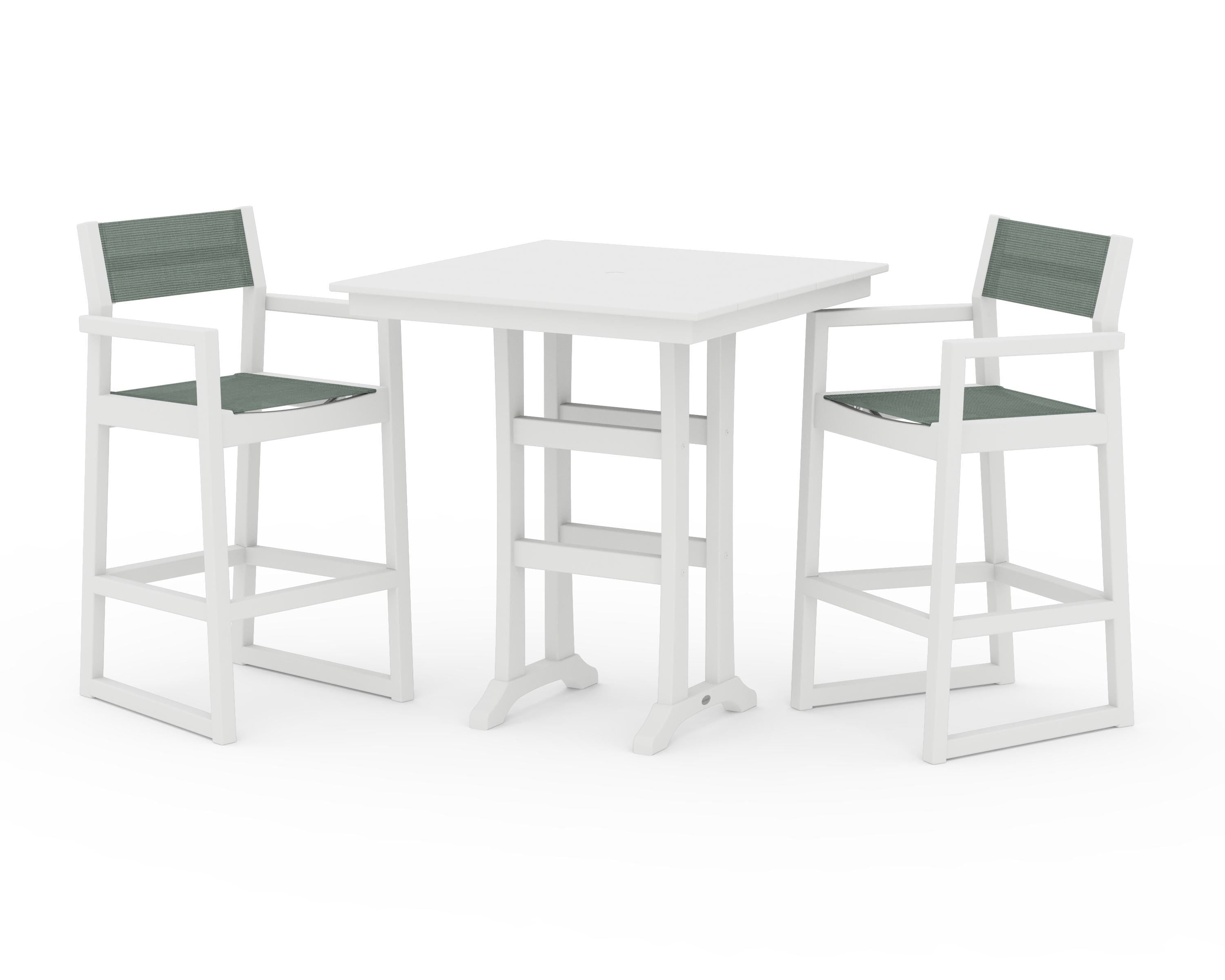 POLYWOOD® EDGE Sling Arm Chair 3-Piece Farmhouse Bar Set with Trestle Legs in White / Dupioni Sea Mist Sling