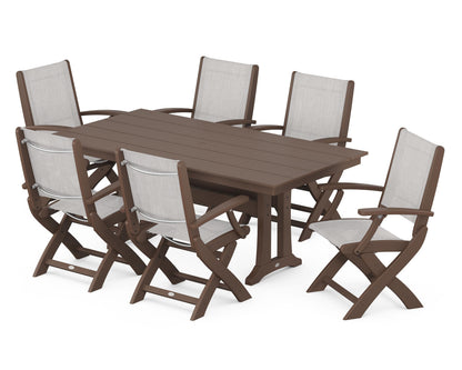 POLYWOOD® Coastal Folding Arm Chair 7-Piece Farmhouse Dining Set with Trestle Legs in Mahogany / Parchment Sling