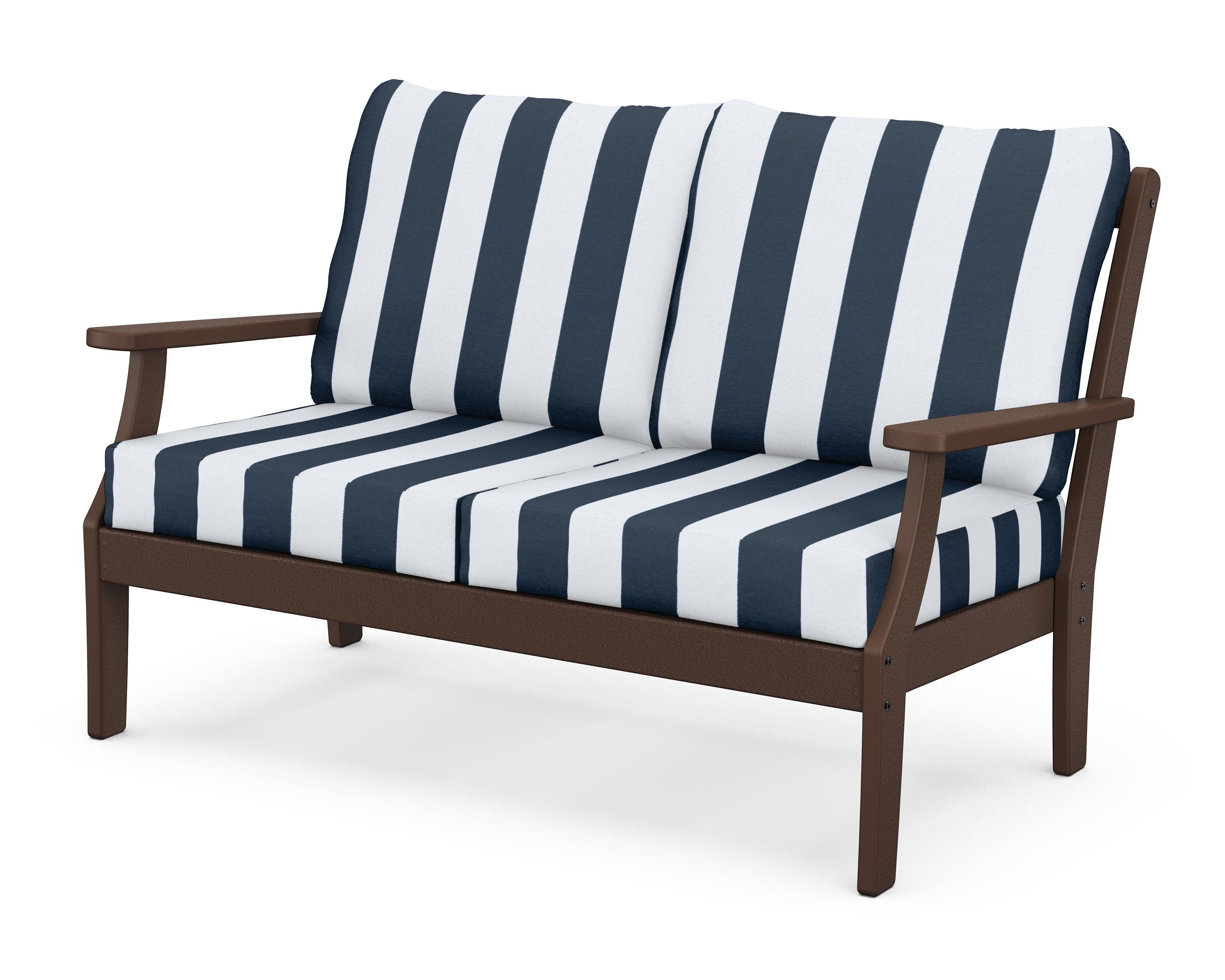 POLYWOOD® Braxton Deep Seating Loveseat in Mahogany / Cabana Stripe Marine Indigo