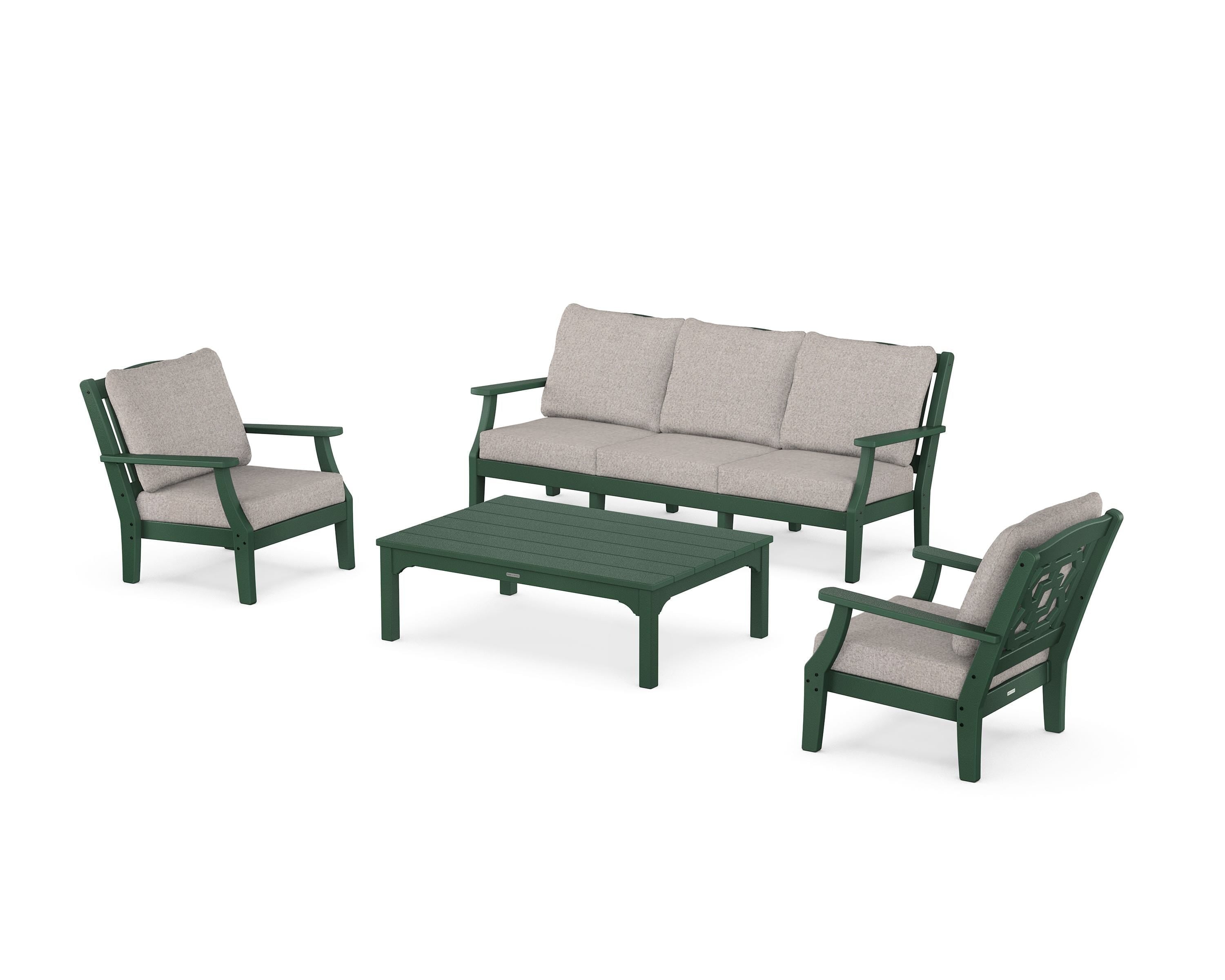 Martha Stewart by POLYWOOD® Chinoiserie 4-Piece Deep Seating Set with Sofa in Green / Weathered Tweed