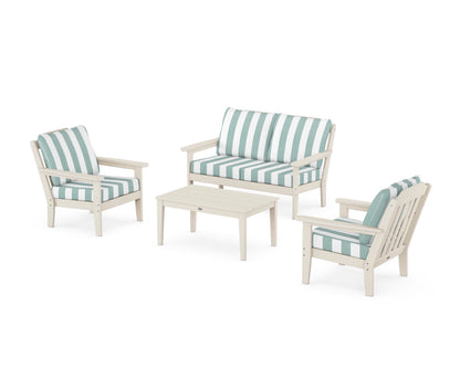 Country Living Cottage 4-Piece Deep Seating Set with Loveseat in Sand / Cabana Stripe Glacier Spa